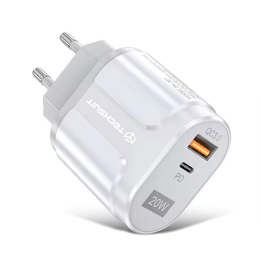 Techsuit Premium Netværksoplader, 20W, 3A, 1 x USB-A - 1 x USB-C, Hvid