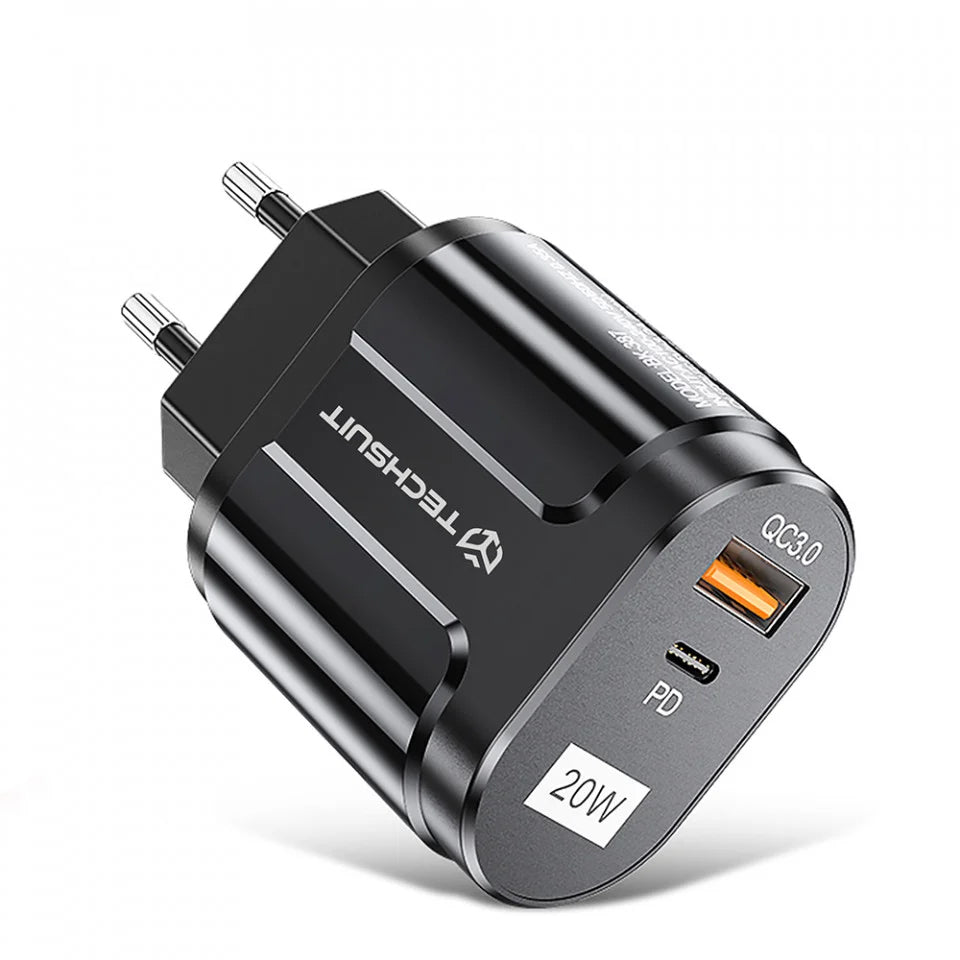 Techsuit Premium netværksoplader, 20W, 3A, 1 x USB-A - 1 x USB-C, Sort CHPD038