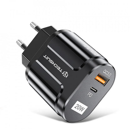 Techsuit Premium netværksoplader, 20W, 3A, 1 x USB-A - 1 x USB-C, Sort CHPD038