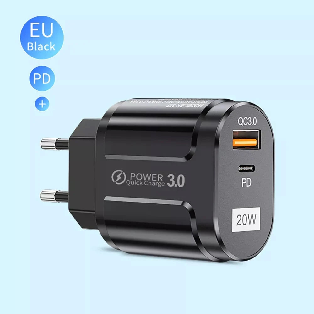 Techsuit Premium netværksoplader, 20W, 3A, 1 x USB-A - 1 x USB-C, Sort CHPD038