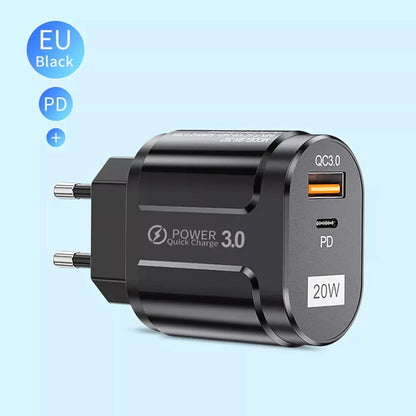 Techsuit Premium netværksoplader, 20W, 3A, 1 x USB-A - 1 x USB-C, Sort CHPD038