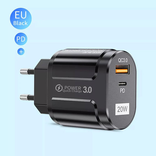 Techsuit Premium netværksoplader, 20W, 3A, 1 x USB-A - 1 x USB-C, Sort CHPD038