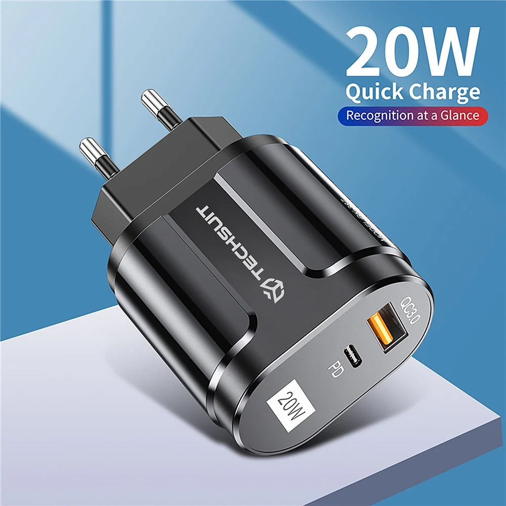Techsuit Premium netværksoplader, 20W, 3A, 1 x USB-A - 1 x USB-C, Sort CHPD038