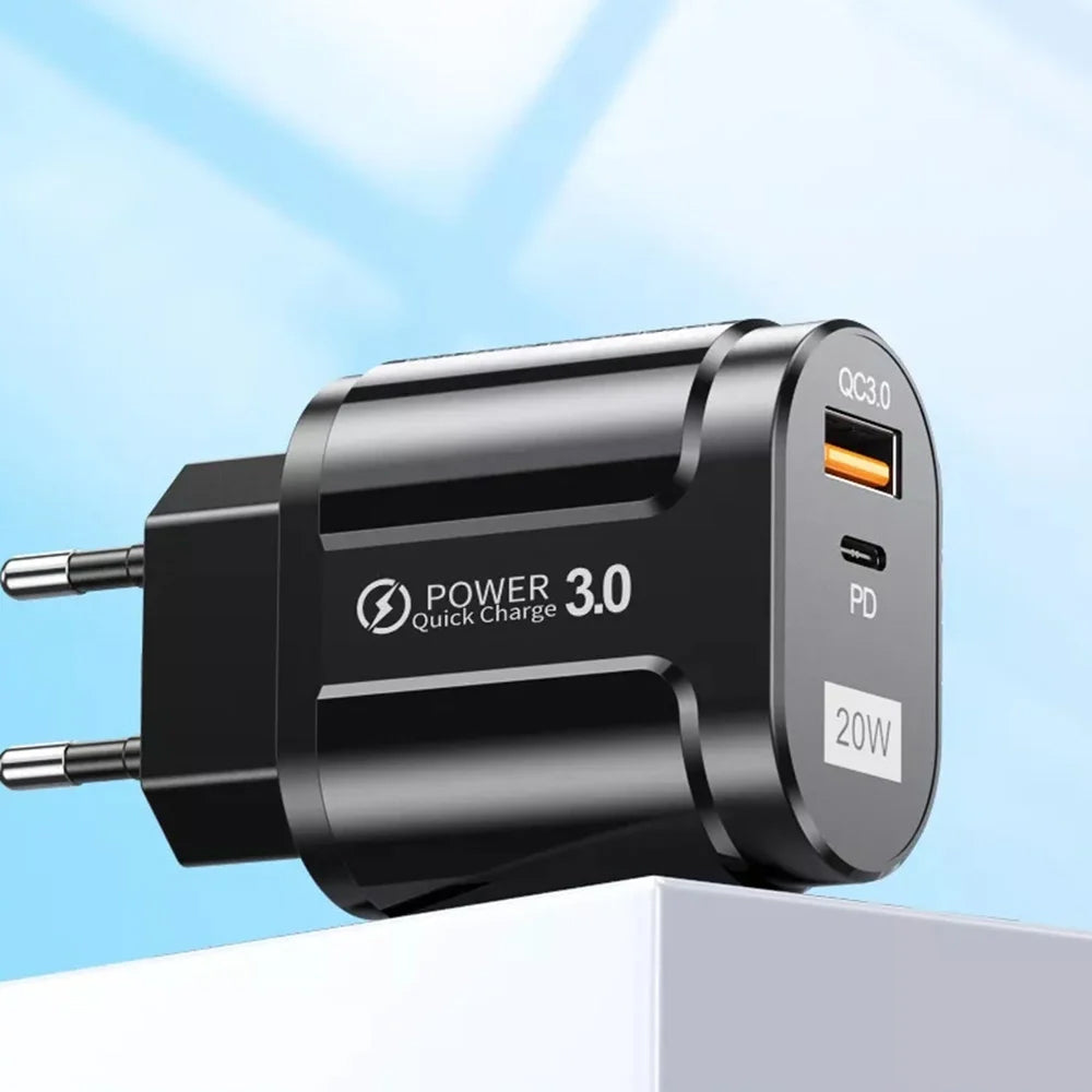 Techsuit Premium netværksoplader, 20W, 3A, 1 x USB-A - 1 x USB-C, Sort CHPD038