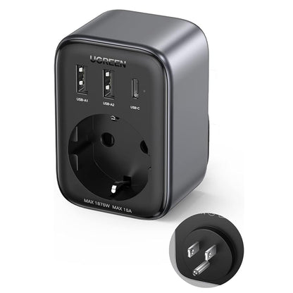 UGREEN 15289 US netværksoplader, 30W, 3A, 2 x USB-A - 1 x USB-C - 1 x Schuko, Sort