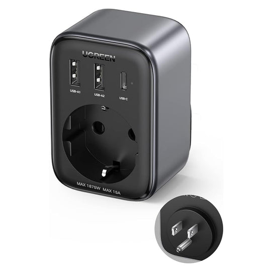 UGREEN 15289 US netværksoplader, 30W, 3A, 2 x USB-A - 1 x USB-C - 1 x Schuko, Sort