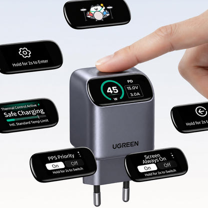 UGREEN Nexode Pro X740 (25419B) netoplader med display, 45 W, 3 A, 1 x USB-C, grå
