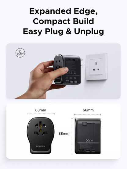 UGREEN Travel S550 Netadapter (55001), 65W, 3,25A, 1 x USB-A - 2 x USB-C, Sort