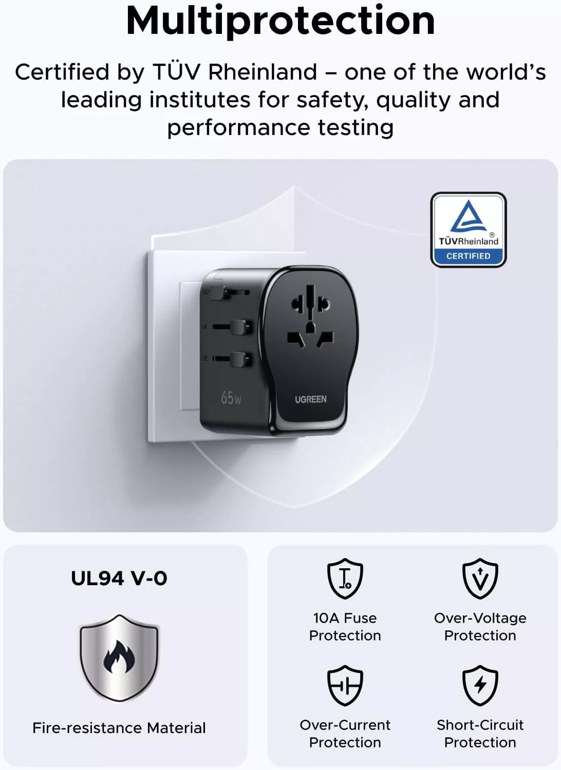 UGREEN Travel S550 Netadapter (55001), 65W, 3,25A, 1 x USB-A - 2 x USB-C, Sort