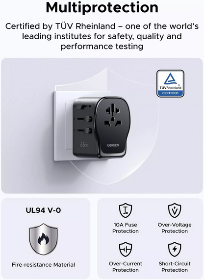 UGREEN Travel S550 Netadapter (55001), 65W, 3,25A, 1 x USB-A - 2 x USB-C, Sort