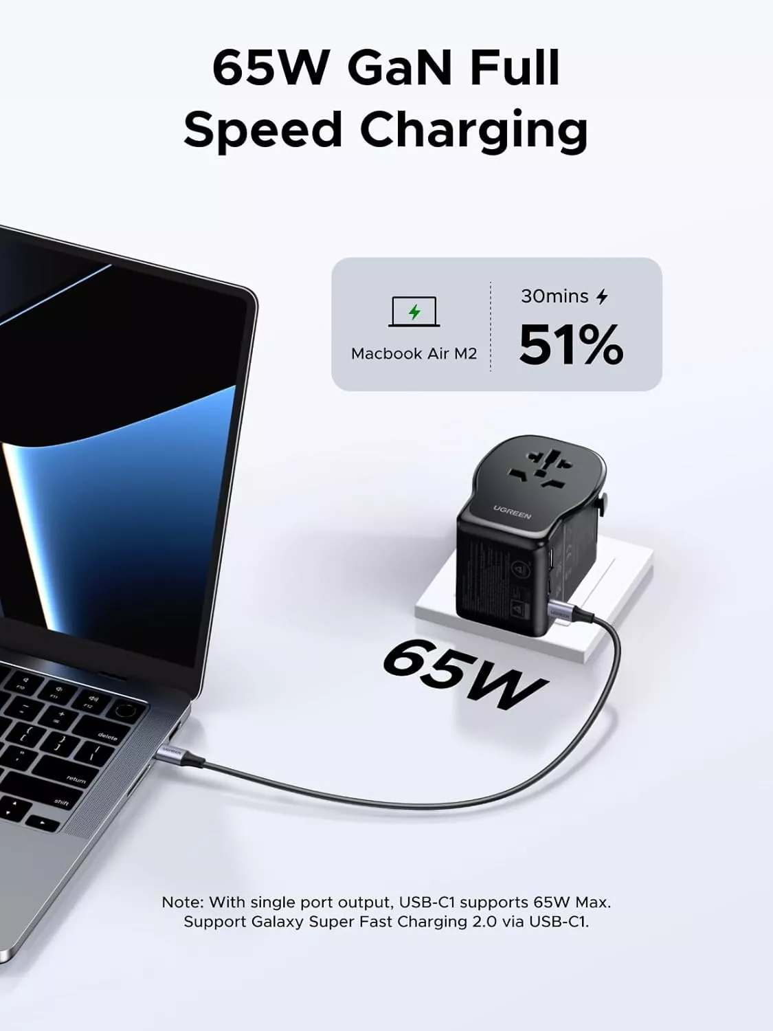 UGREEN Travel S550 Netadapter (55001), 65W, 3,25A, 1 x USB-A - 2 x USB-C, Sort