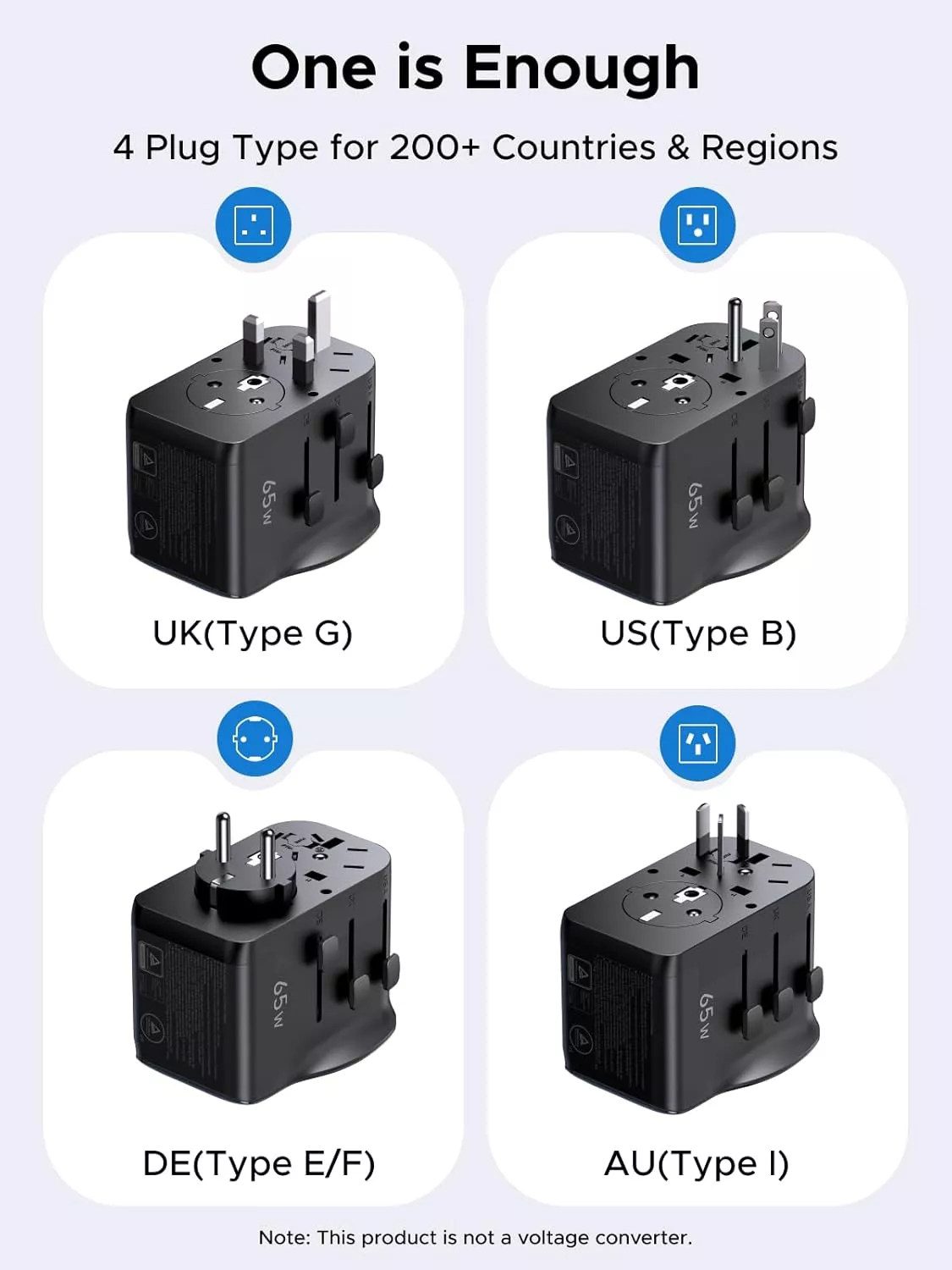 UGREEN Travel S550 Netadapter (55001), 65W, 3,25A, 1 x USB-A - 2 x USB-C, Sort