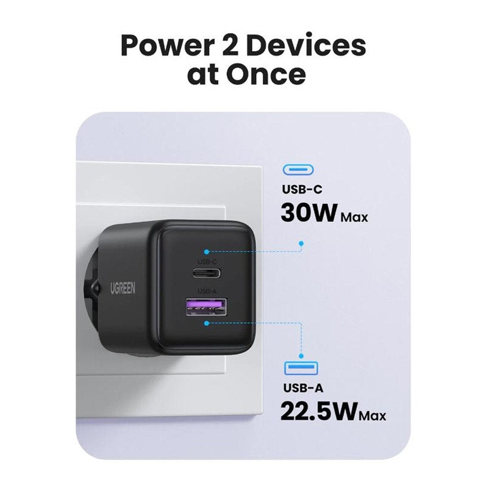UGREEN X516 Netværksoplader, 30W, 3A, 1 x USB-A - 1 x USB-C, Hvid