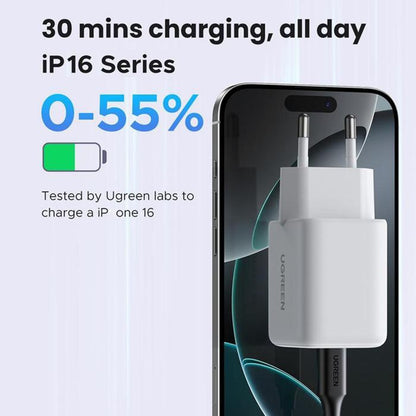 UGREEN X516 Netværksoplader, 30W, 3A, 1 x USB-A - 1 x USB-C, Hvid