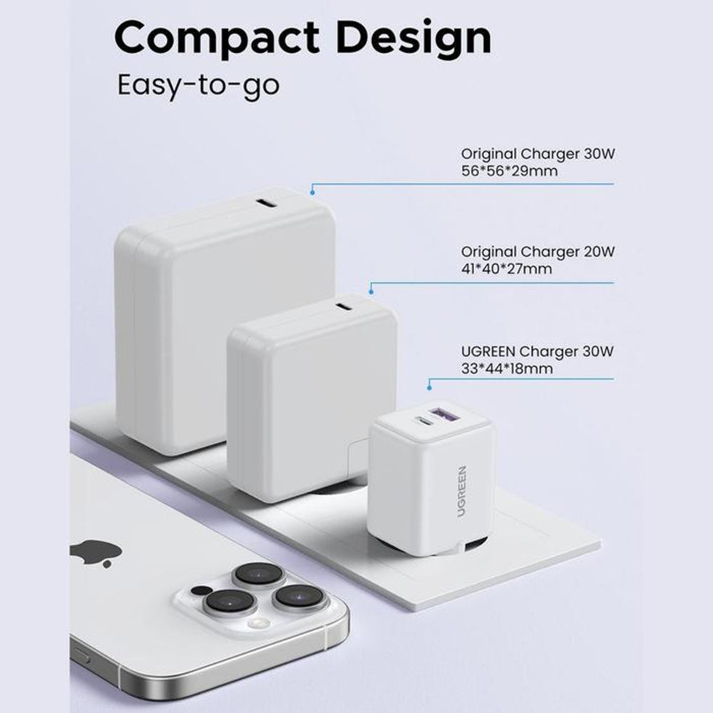 UGREEN X516 Netværksoplader, 30W, 3A, 1 x USB-A - 1 x USB-C, Grå