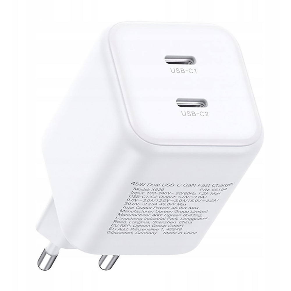 UGREEN X526 Netoplader (65154), 45W, 3A, 2 x USB-C, Hvid
