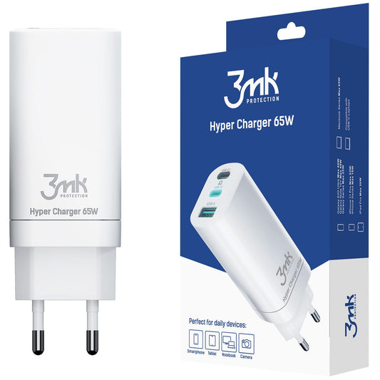 3MK HyperCharger Netoplader, 65W, 5A, 1 x USB-A - 2 x USB-C, Hvid