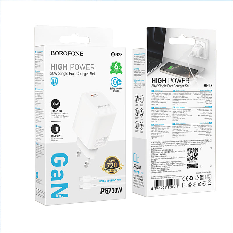 Netværksoplader med USB-C kabel Borofone BN28 Fuente, 30W, 3A, 1 x USB-C, Hvid