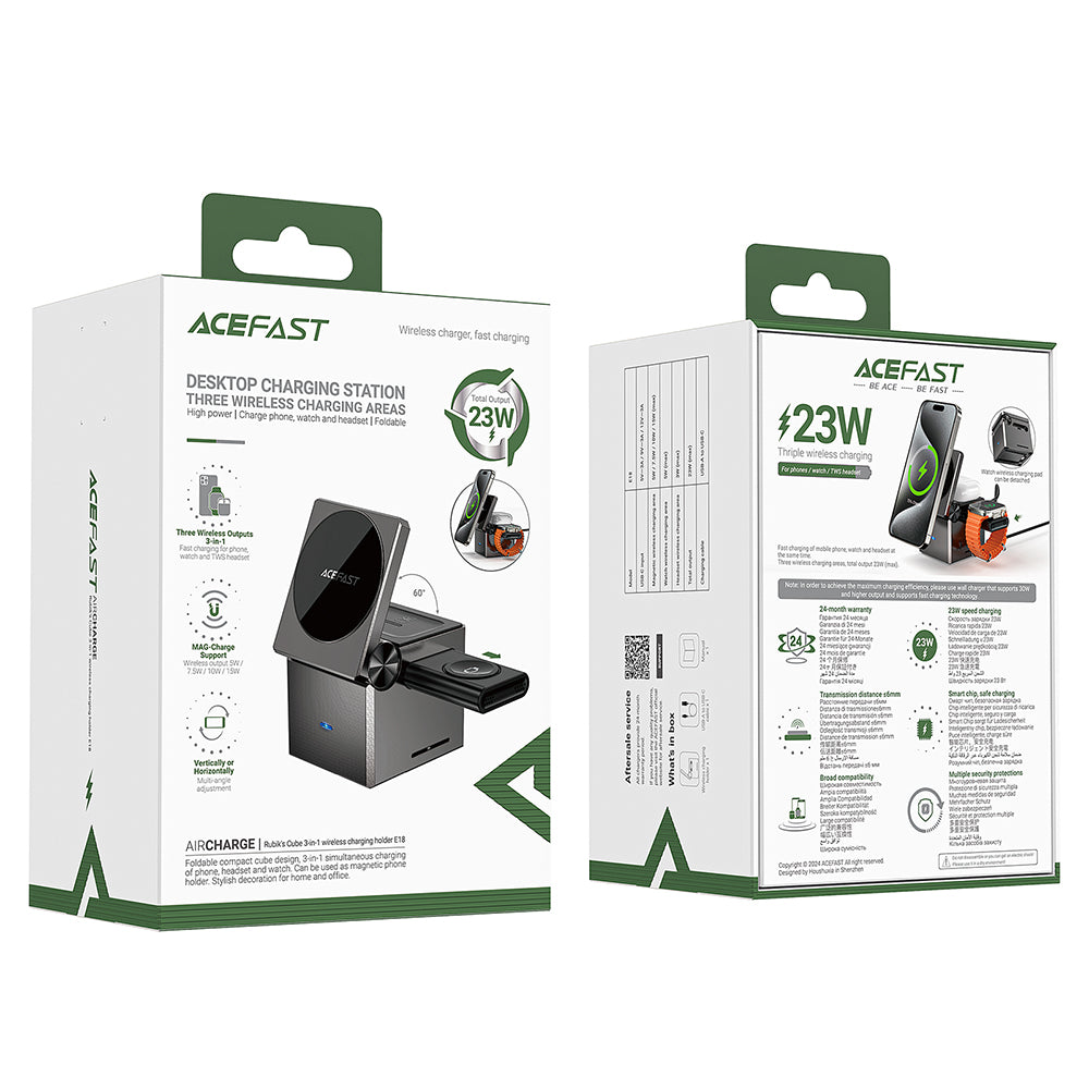 Trådløs Netværksoplader Acefast E18 Rubik's Cube 3in1, 23W, 1.67A, Grå