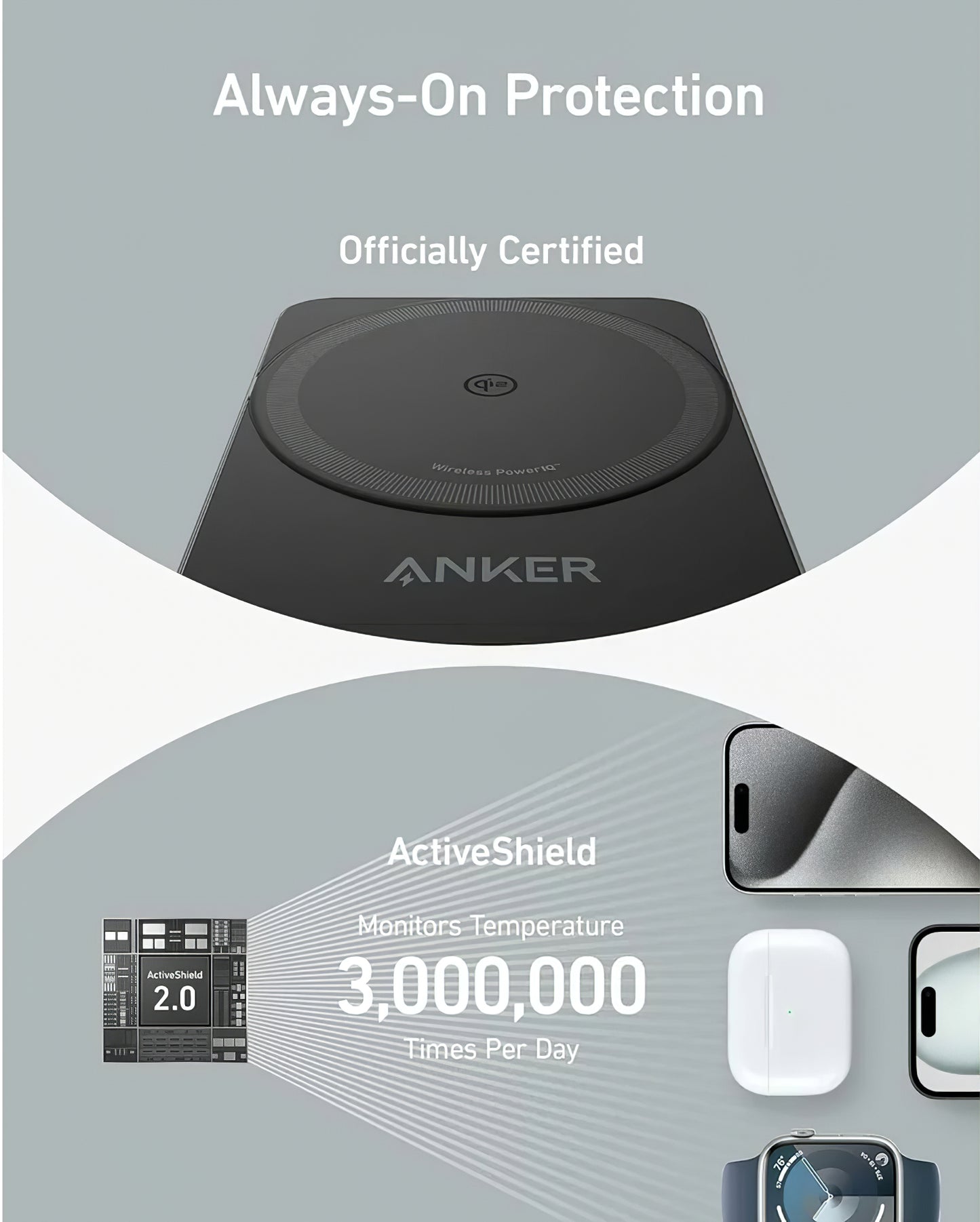 Anker MagGo 3in1 trådløs netværksoplader, 15W, 1.67A, Sort, Genforseglet B2557311