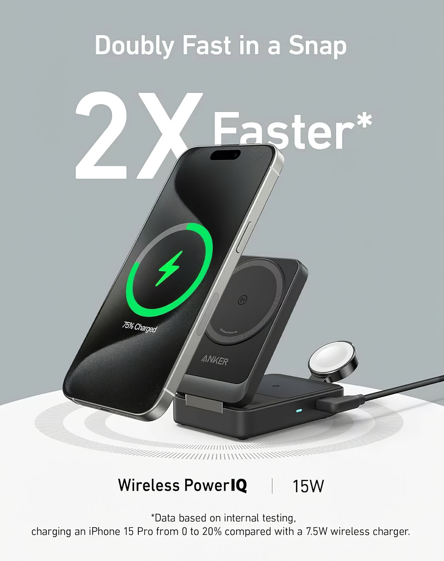 Anker MagGo 3in1 trådløs netværksoplader, 15W, 1.67A, Sort, Genforseglet B2557311