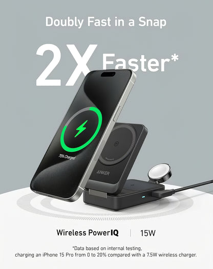 Anker MagGo 3in1 trådløs netværksoplader, 15W, 1.67A, Sort, Genforseglet B2557311