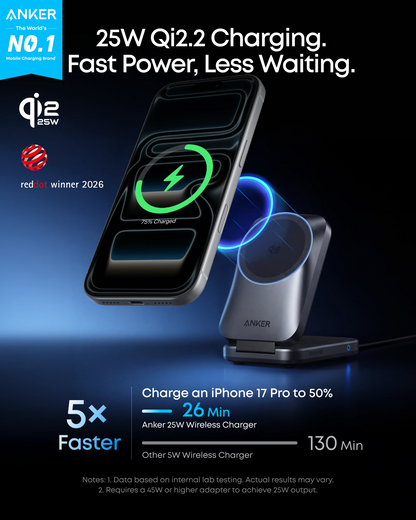 Anker Prime MagGo 3i1 trådløs netoplader, 25W, sort A25N1