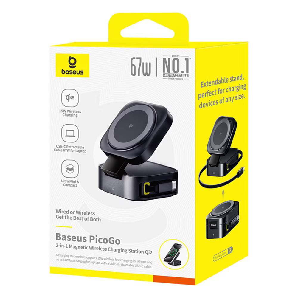 Baseus PicoGo 2in1 trådløs netværksoplader, 67W, 3A, 1 x USB-C, Sort P10276800123-00