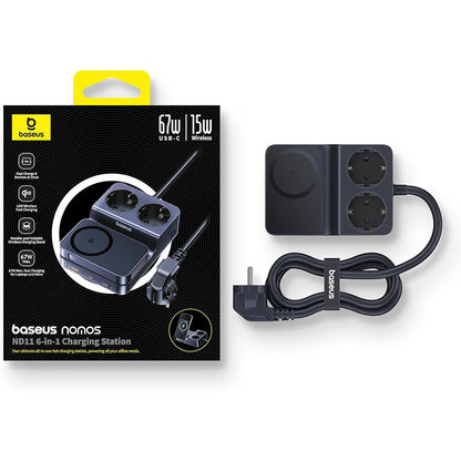Baseus Nomos ND11 QI 6in1 opladerstation, 67W, 3.35A, 1 x USB-A - 2 x USB-C - 2 x Schuko, Sort P80015804213-00