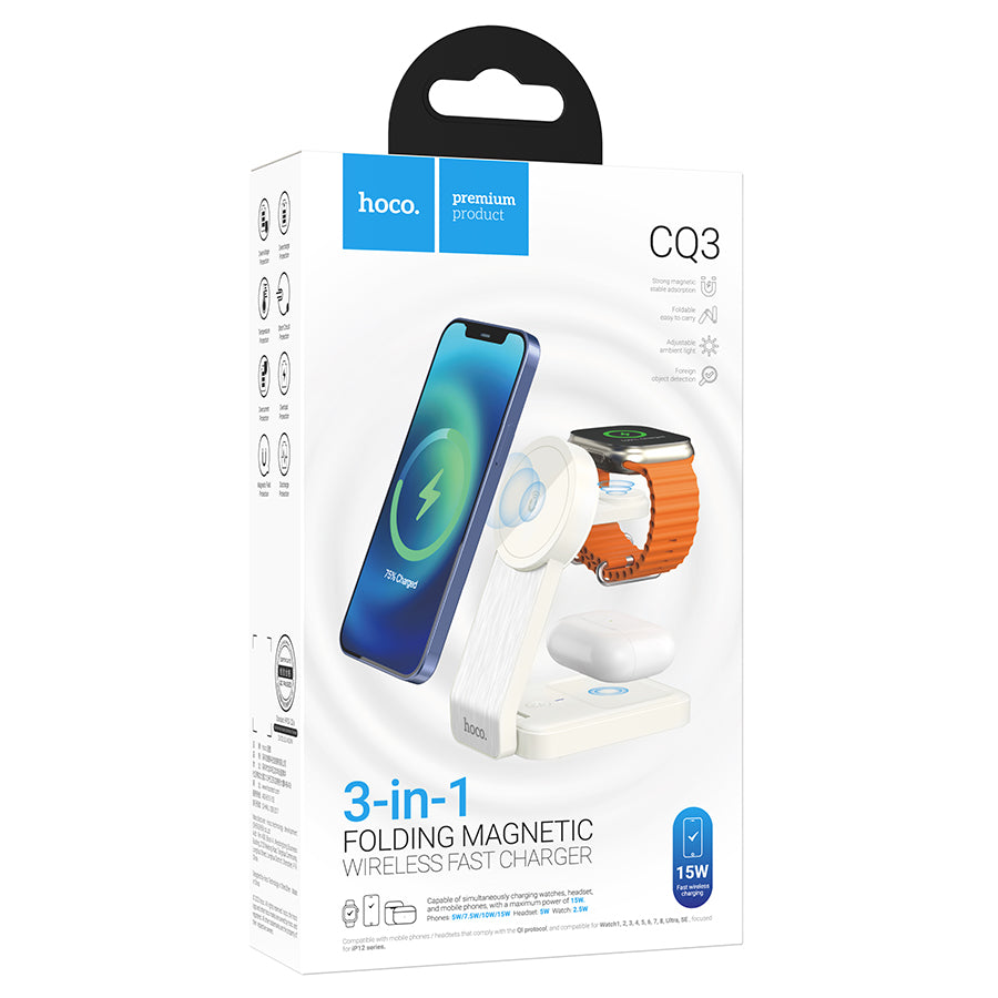 Trådløs Netværksoplader HOCO CQ3 3in1, 15W, 1.67A, Hvid