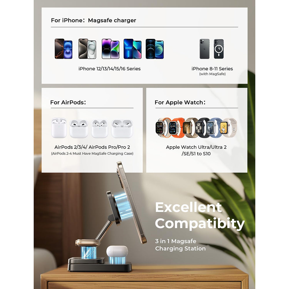 Trådløs Netværksoplader Lisen 3in1, 15W, 1.67A, Sort YL0424010003