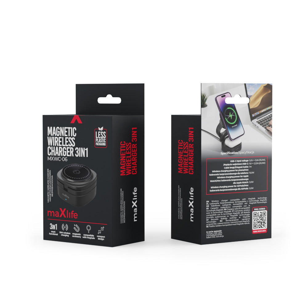 Trådløs Netværksoplader MaXlife MXWC-06 3in1, 15W, 1.67A, Sort