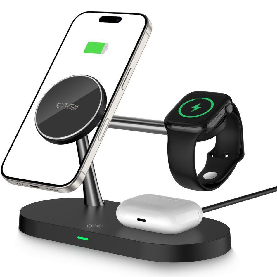 Tech-Protect A12 3i1 trådløs netoplader, 15W, 1,67A, sort