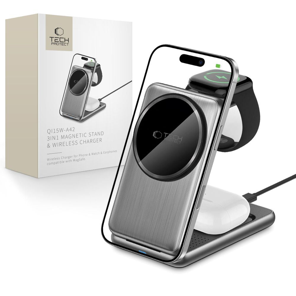 Trådløs Netværksoplader Tech-Protect A42 3i1, 15W, 1.67A, Grå