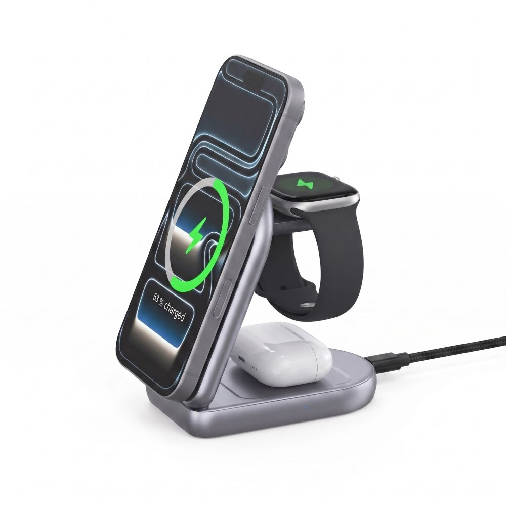 Tech-Protect A53 3i1 trådløs netoplader, 25W, grå
