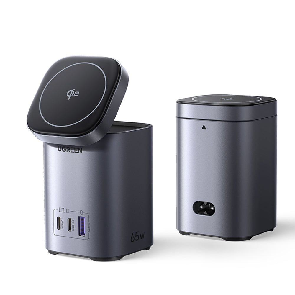 Trådløs Netværksoplader UGREEN X555 4in1, 65W, 3.25A, 1 x USB-A - 2 x USB-C, Grå