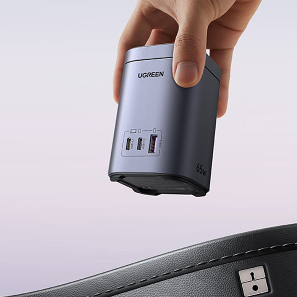 Trådløs Netværksoplader UGREEN X555 4in1, 65W, 3.25A, 1 x USB-A - 2 x USB-C, Grå
