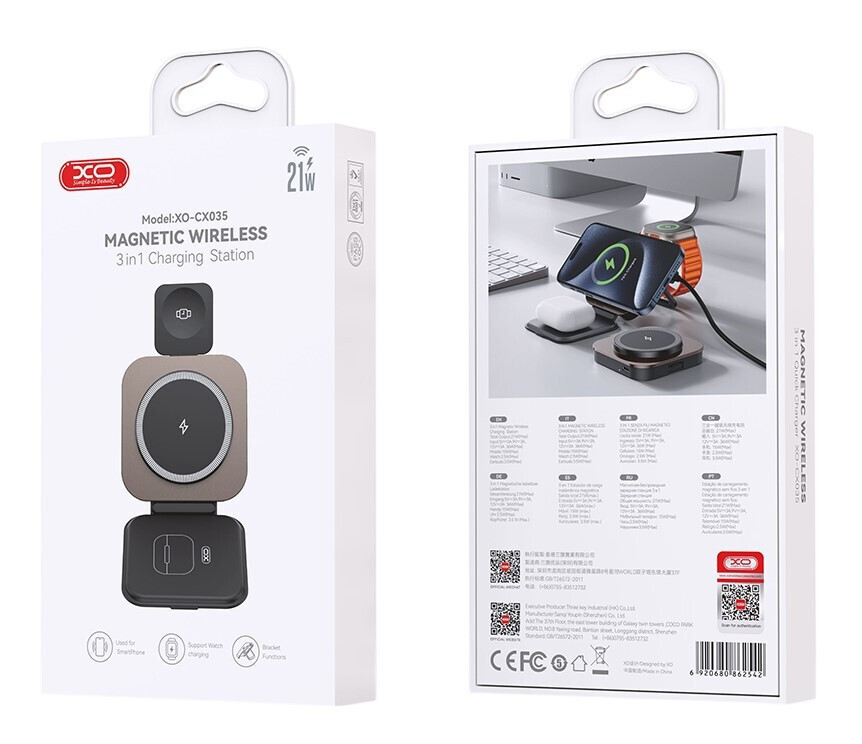 Trådløs netoplader XO Design CX035 3i1, 15W, 1,67A, Sort, Genforseglet