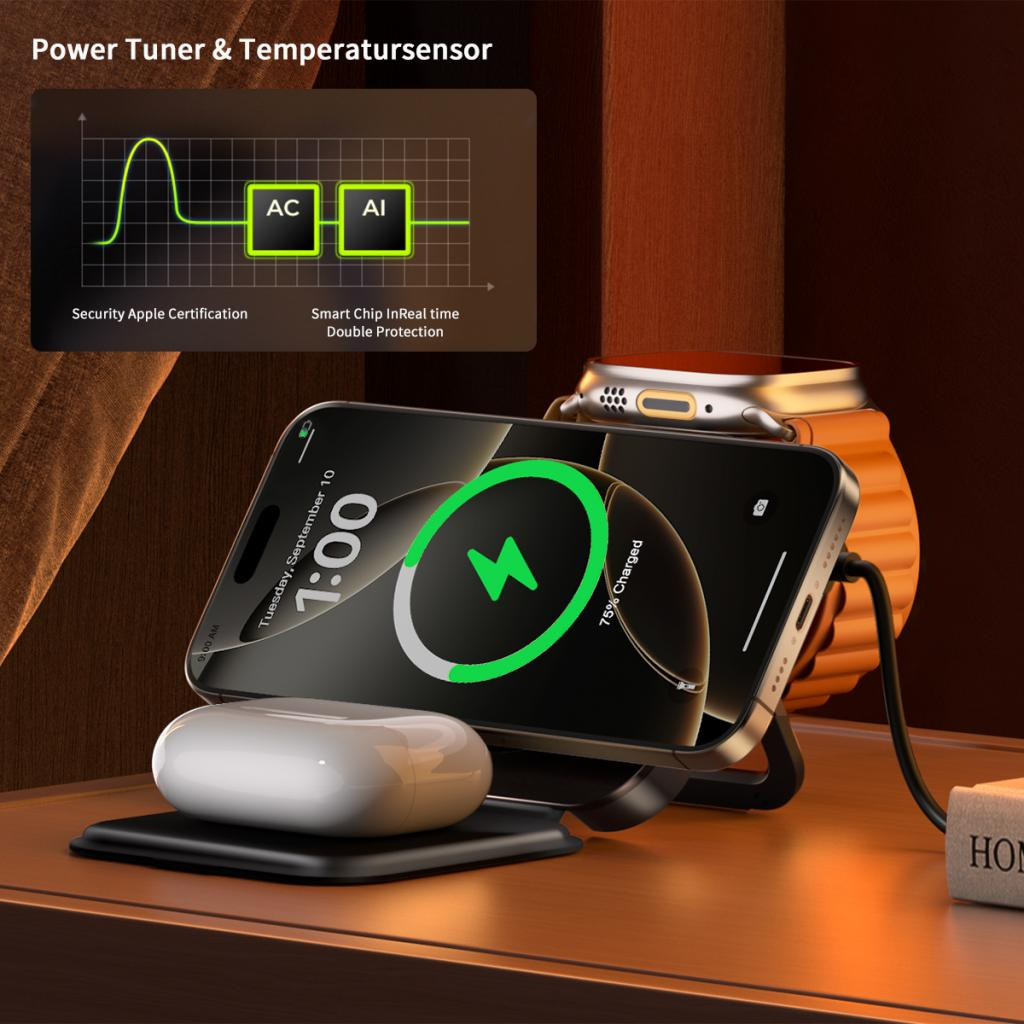 Trådløs netoplader XO Design CX035 3i1, 15W, 1,67A, Sort, Genforseglet