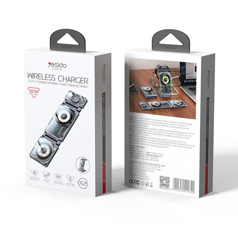 Trådløs Netværksoplader Yesido DS25 3i1, 15W, 1.67A, Sort
