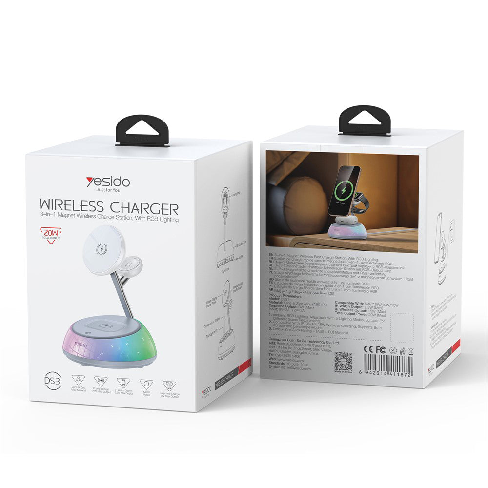Trådløs netværksoplader Yesido DS31 3-i-1, 15W, 1.67A, Hvid