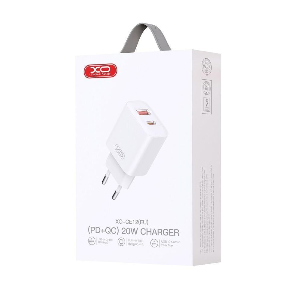 Netværksoplader XO Design BPCE12, 20W, 3A, 1 x USB-A - 1 x USB-C, Hvid