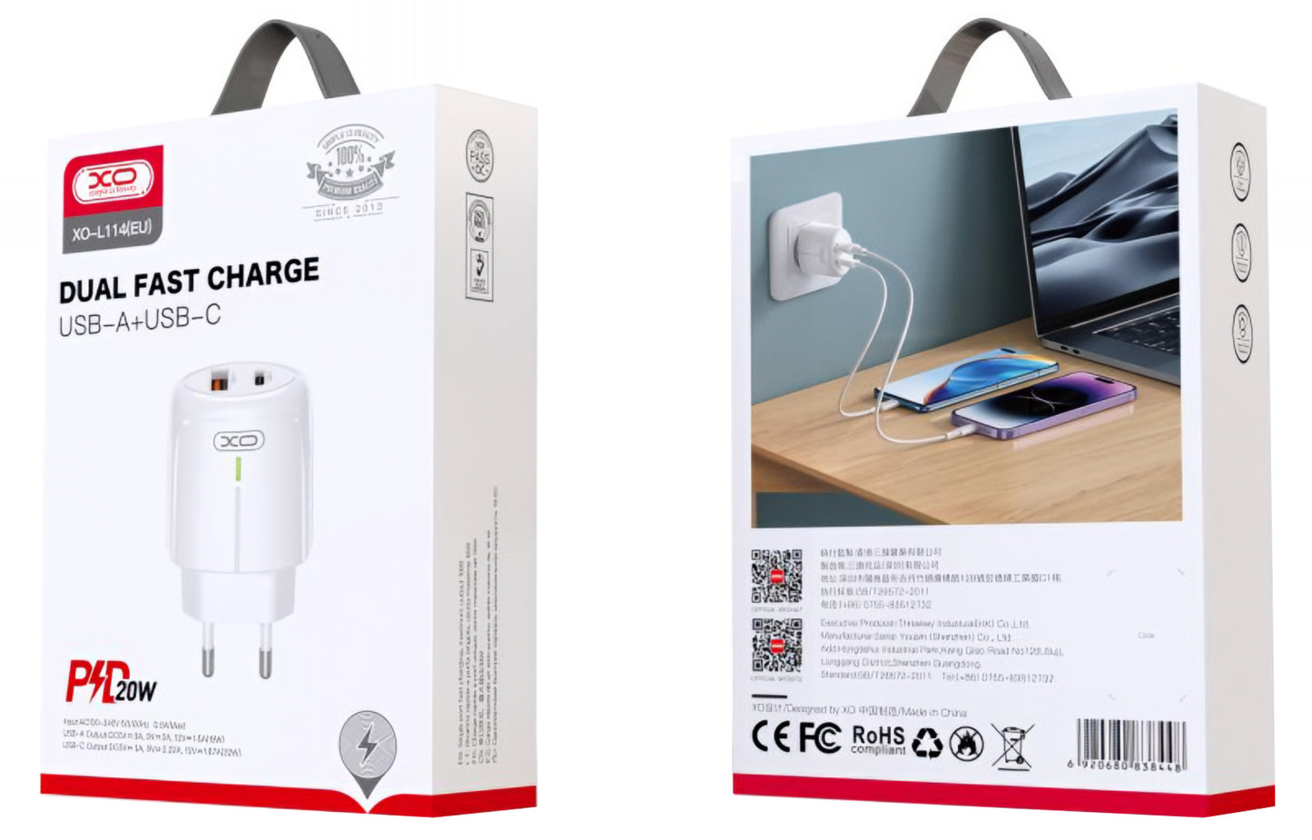 Netværksoplader XO Design L114, 20W, 3A, 1 x USB-A - 1 x USB-C, Hvid