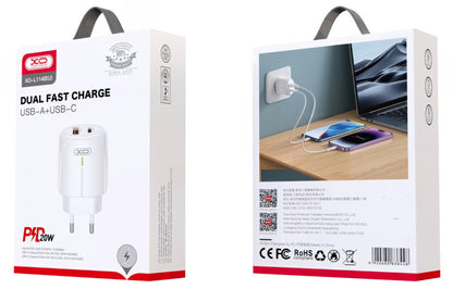 Netværksoplader XO Design L114, 20W, 3A, 1 x USB-A - 1 x USB-C, Hvid