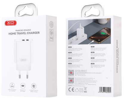 Netværksoplader XO Design CE34, 12W, 2.4A, 2 x USB-A, Hvid