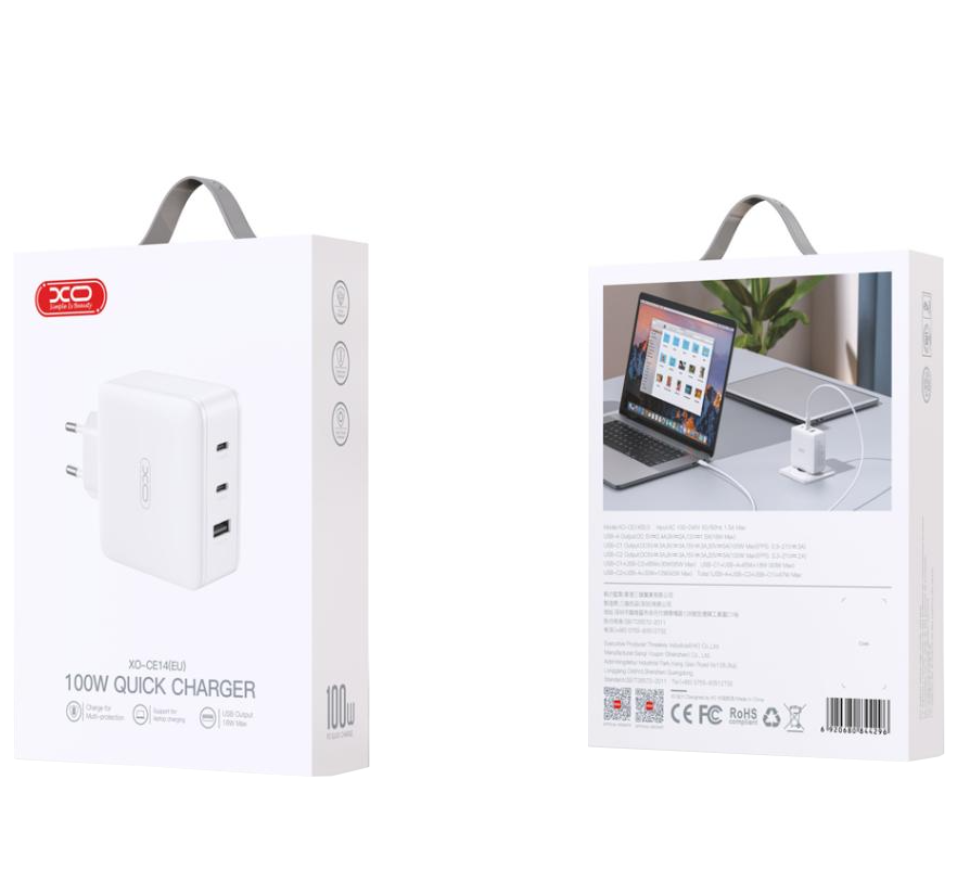 XO Design CE14 Netoplader, 100W, 3,25A, 1 x USB-A - 2 x USB-C, Hvid