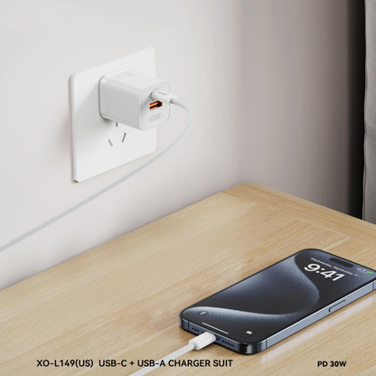 XO Design L149 Netoplader, 30W, 3A, 1 x USB-A - 1 x USB-C, Hvid