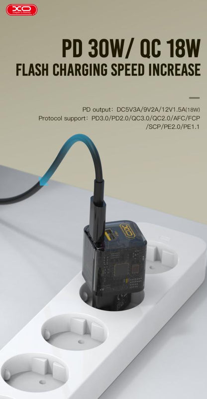 Netværksoplader XO Design CE05, 30W, 3A, 1 x USB-A - 1 x USB-C, Brun