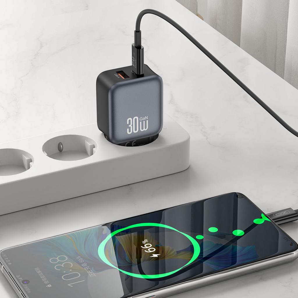 Netværksoplader XO Design L156, 30W, 3A, 1 x USB-A - 1 x USB-C, Sort