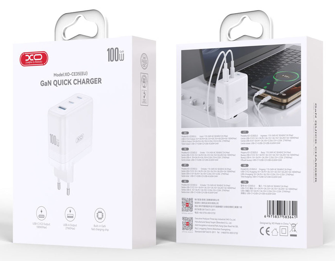 Netværksoplader XO Design CE35, 100W, 5A, 1 x USB-A - 2 x USB-C, Hvid